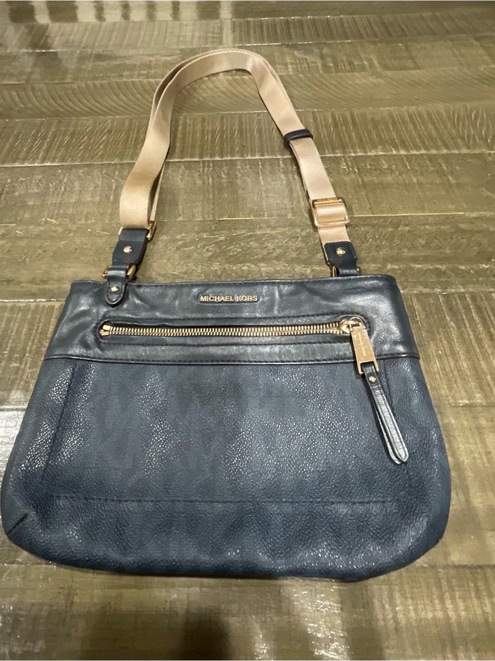 Michael Kors Navy Leather Shoulder Crossbody with Beige Strap